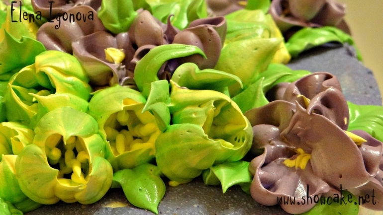 Торт кремовый с тюльпанами и ирисами.