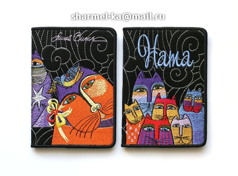 Вышитая обложка на паспорт "Коты Laurel Burch. Семья"