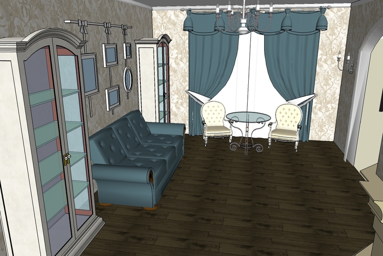 Проходная гостинная с камином.