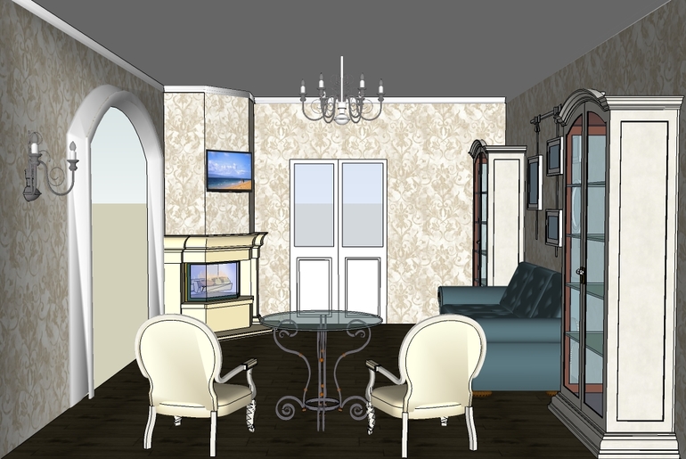 Проходная гостинная с камином.