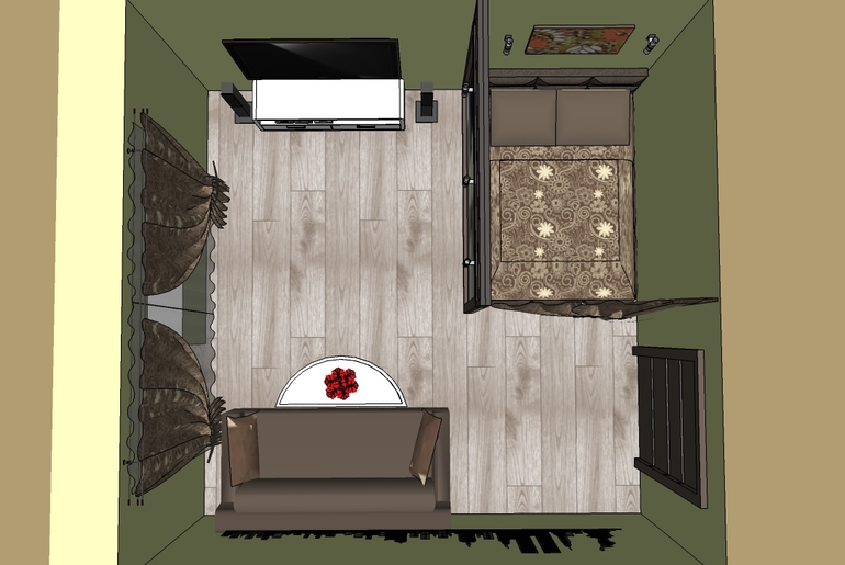 Спальня-гостинная в зелено-коричневой гамме.