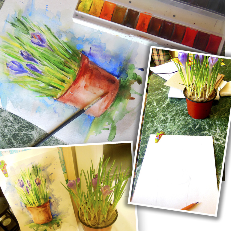 Рисую крокусы, белок, в журнал, акварелью  и радуюсь весне!