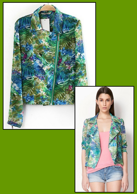 3 255 тг. Куртка женская косая молния, тропический принт. Бренд Bershka