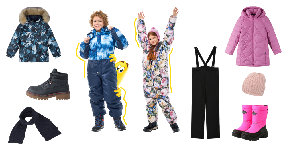 На моделях: комбинезон с капюшоном для мальчика Kerry 9 990 руб. (выгода 11 000 руб.), ботинки Geox 3 990 руб. (выгода 3 500 руб.) комбинезон с меховой отделкой для девочки MOLO 12 990 руб. (выгода 7 000 руб.), ботинки Reima 6 590 руб. (выгода 3 400 руб.)