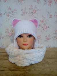 вязаный комплект, шапка-кошка,шарф,варежки