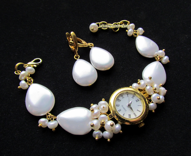 "Эллада" комплект (часы и серьги) с жемчугом