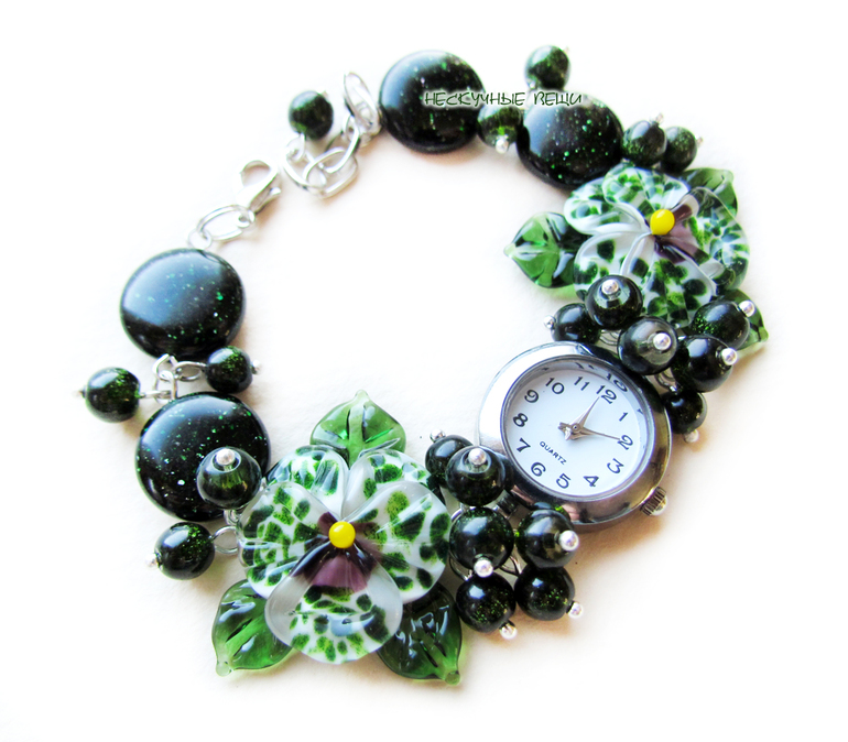 "Царевна-лягушка" наручные часы с бусинами лэмпворк