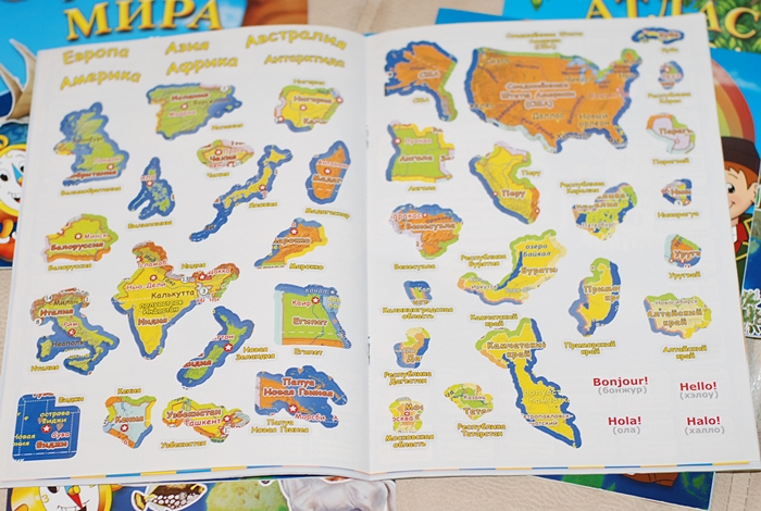 Книга о животных и маленькие географические атласы.