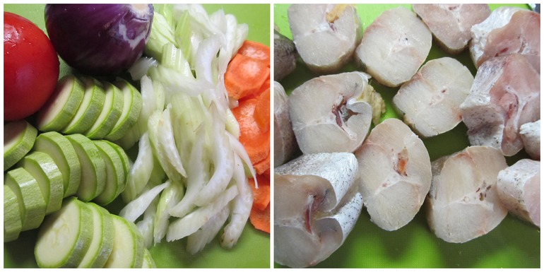 Рыба запечённая с овощами и розмарином